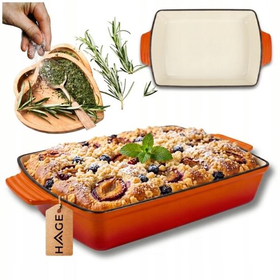 Hage - Plat à four en fonte - Plat à four - Moule de cuisson émaillé - Pour plats au four, viande, tartes et gratins - 3,5 litres - 32 x 23,5 x 6 cm - Orange