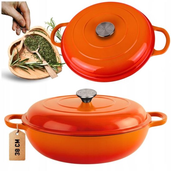 Hage - Cocotte - Cocotte basse en fonte avec couvercle - Émaillée - Compatible four et induction - Pour rôtir, mijoter et gratins - 3 litres - 40,5 x 30 x 10,5 cm - Orange