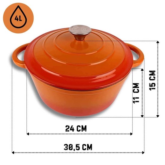 Hage - Cooking Pot - Cast Iron Pot with Lid - Enamelled - Suitable for Induction & Oven - Includes Mini Oven Mitts & Trivet - For Roasting, Stewing, Soup & Bread - 4 Litres - Ø24 cm - Orange