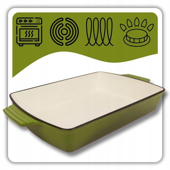 Hage - Bakvorm - Ovenschaal - Gietijzeren Ovenschaal - Emaille Braadslede met Handgrepen - Geschikt voor Inductie, Oven & Alle Warmtebronnen - 3. 5 Liter - 32 x 23,5 cm - Olijfgroen