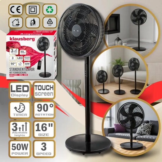 Klausberg staande ventilator met afstandsbediening en timer – Ø 40 cm, zwart – foto 5