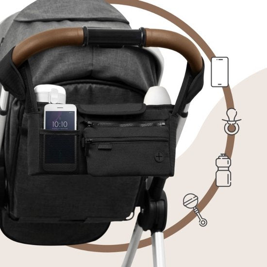 Sipo - Stroller Organizer - Stroller Accessories - Universal Stroller Bag - Multifunctional Stroller Organizer Bag with Compartments & Cup Holders - Shoulder Bag & Storage Bag - Water-repellent - 34 x 14 x 10 cm - Black