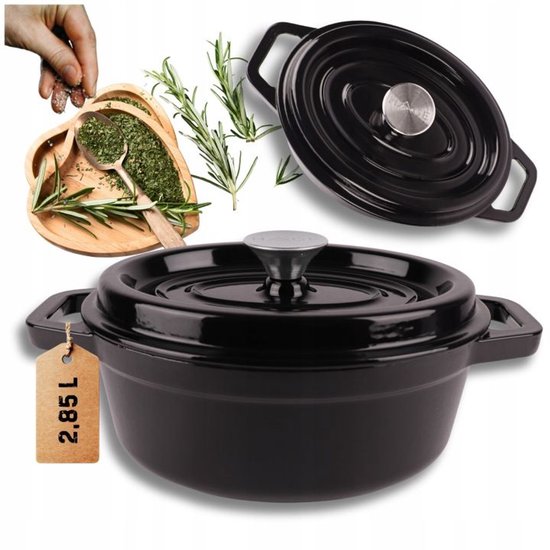 Hage - Cast Iron Casserole Dish - Dutch Oven - Cast Iron Casserole with Lid - Enamelled - Suitable for Induction & Oven - 2.85 Litres - 25.5 x 19.5 x 12.5 cm - Black