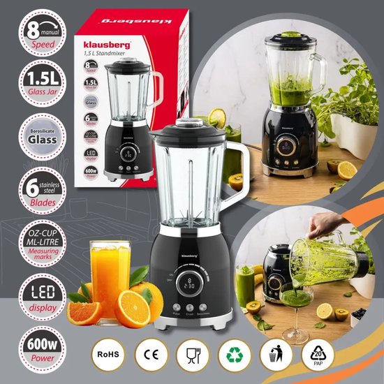 Klausberg blender met ijscrusher – glazen kan van 1,5 liter, 600 W, zwart – foto 7