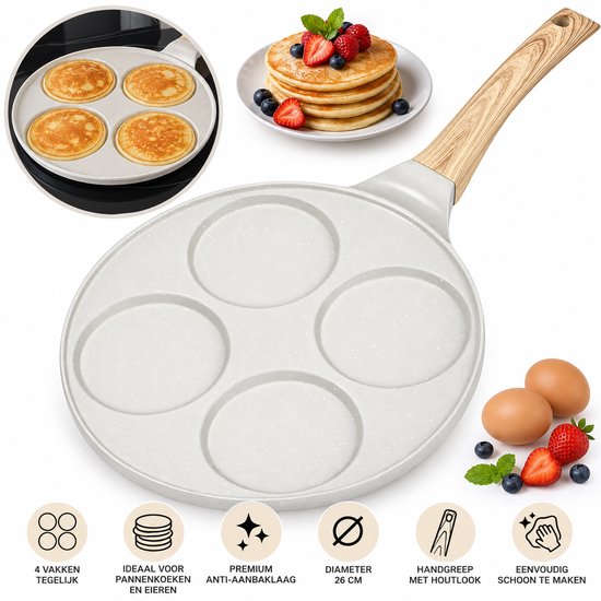 Poêle à pancakes Hakal avec 4 compartiments – Ø 26 cm – Revêtement antiadhésif – Poêle à pancakes et œufs – Manche aspect bois – Crème