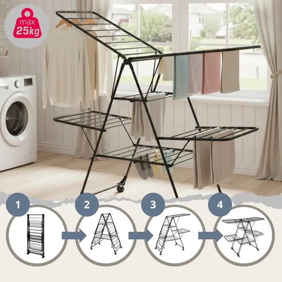 Kinghoff KH-2046 inklapbaar wasrek van staal met hangerrek en wielen, zwart, 157 cm