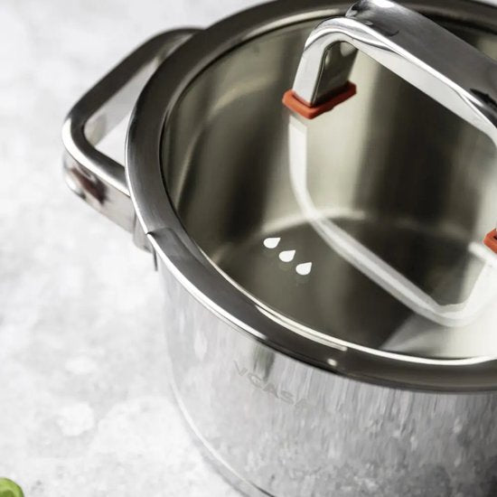 Vcasa rvs kookpan 18 cm met glazen afgietdeksel en maataanduiding, 2 liter