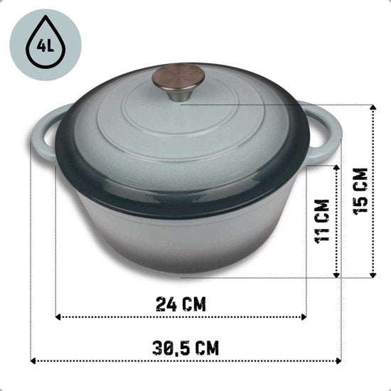 Hage - Cooking Pot - Cast Iron Pot with Lid - Enamelled - Induction & Oven Safe - Includes Mini Oven Mitts & Trivet - For Roasting, Stewing, Soup & Bread - 4 Litres - Ø24 cm - Mint Green