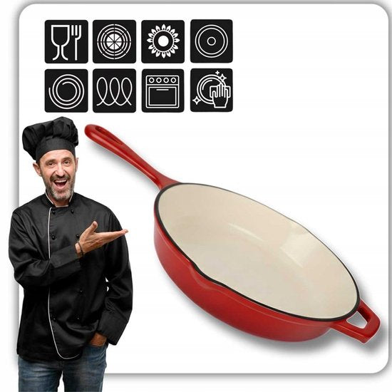 Hage - Frying Pan - Enameled Cast Iron Frying Pan - Cast Iron Frying Pan - Suitable for Induction, Gas & Oven - Ø26 cm - Red