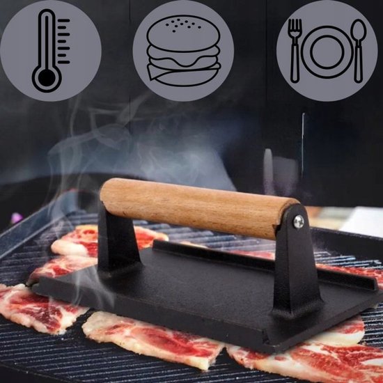 Hage hamburgerpers van gietijzer – smash burger press, houten greep, 20 x 10 cm – foto 8