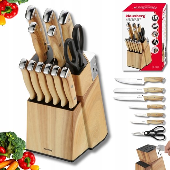 Klausberg messenset 13-delig met messenblok en slijper – 6 steakmessen, houtlook