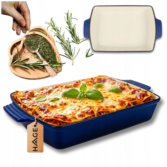 Hage - Cast Iron Baking Dish - Baking Dish - Enamelled Baking Pan - For Oven Dishes, Meat, Cakes and Casseroles - 3.5 Litres - 32 x 23.5 x 6 cm - Blue