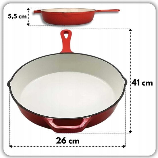 Hage - Frying Pan - Enameled Cast Iron Frying Pan - Cast Iron Frying Pan - Suitable for Induction, Gas & Oven - Ø26 cm - Red