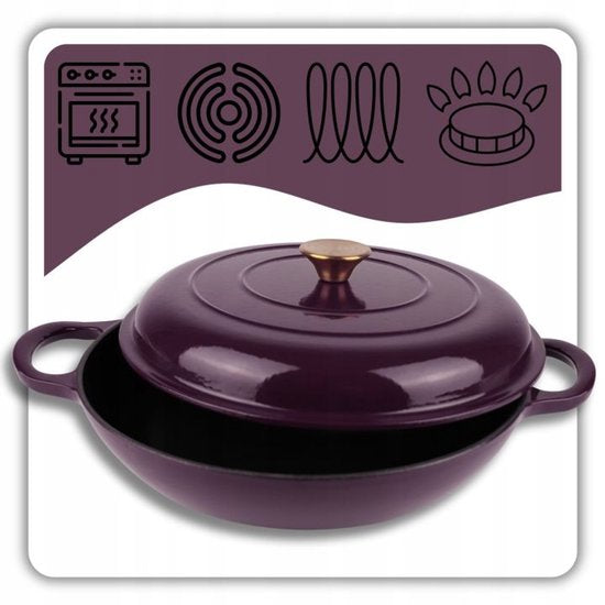 Hage - Braising Pan - Shallow Cast Iron Braiser with Lid - Enameled - Oven & Induction Suitable - For Roasting, Stewing and Casseroles - 3 Liters - 40.5 x 30 x 10.5 cm - Aubergine Purple