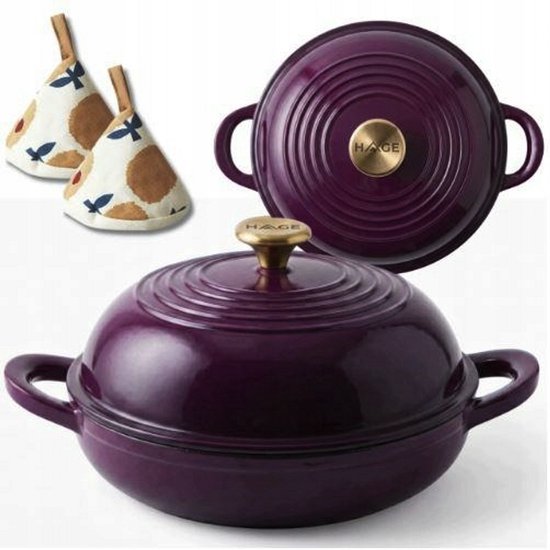Hage - Enameled Dutch Oven - Cast Iron Casserole Dish with Lid - Oven Safe & Suitable for Induction, Gas, and Ceramic Hobs - For Bread, Gratins & Stews - Includes Pot Holders - 2 Liters - Ø26 x 16.5 cm - Aubergine