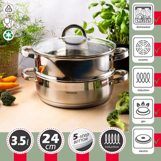 Klausberg stoompan rvs 3-delig, Ø 24 cm – stoominzet en glazen deksel, 3,5 l – foto 2