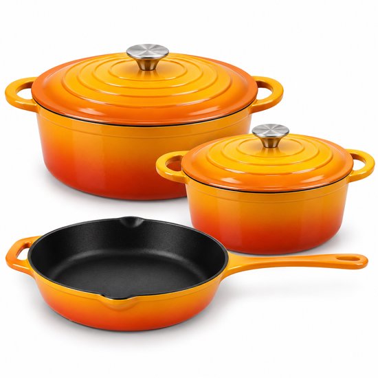 Hage - Set de casseroles - Set de cuisine - Set de casseroles en fonte - 3 pièces - Casserole de 4 L avec couvercle - Faitout de 6 L avec couvercle - Poêle de 26 cm - Fonte émaillée - Induction - Four - Jaune moutarde