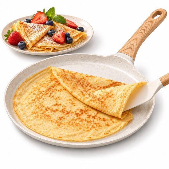 Hakal crêpepan 28 cm – pannenkoekenpan met lage rand, crème, houtlook greep