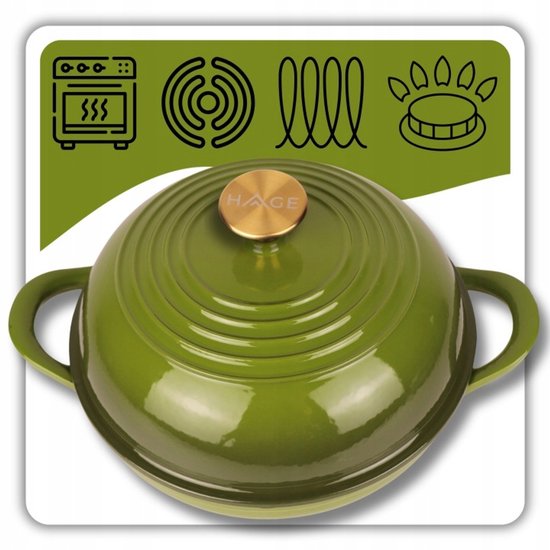 Hage - Cast Iron Bread Pan - Enameled Baking Pan with Lid - For Homemade Bread & Casseroles - Induction, Gas & Oven Safe - Includes Pot Holder & Hand Protectors - 2L - Ø26 x 16.5 cm - Olive Green