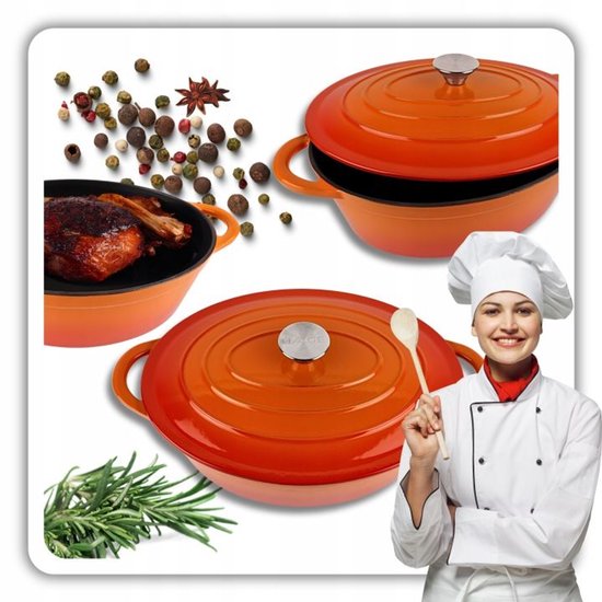 Hage - Cocotte - Cocotte en fonte émaillée avec couvercle - Compatible four et induction - Pour rôtir, mijoter et gratins - 6 litres - 34 x 26 x 18 cm - Orange