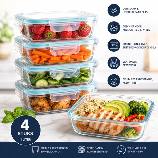 Vershoudbakjes glas met deksel – 4 meal prep- en diepvriesbakjes van 1 liter – foto 3