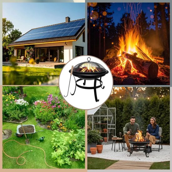 KINGHoff - Brasero - Cheminée d'extérieur avec grill - Foyer de terrasse avec pare-étincelles - Brasero de jardin au charbon de bois - Pilon inclus - Métal - Ø54,5 x 53 cm - Noir