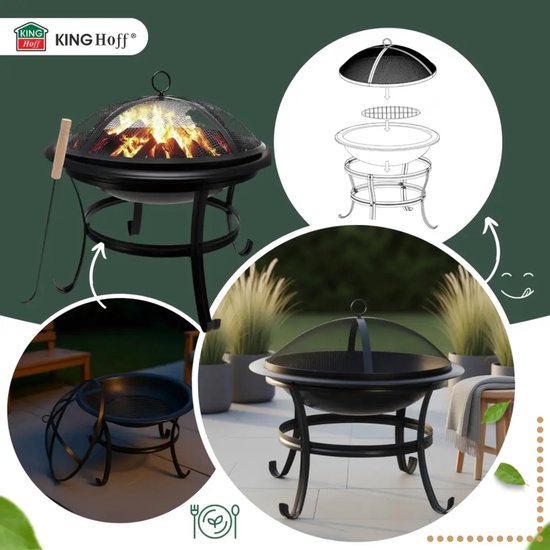 KINGHoff - Brasero - Cheminée d'extérieur avec grill - Foyer de terrasse avec pare-étincelles - Brasero de jardin au charbon de bois - Pilon inclus - Métal - Ø54,5 x 53 cm - Noir