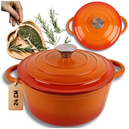 Hage - Cocotte - Cocotte en fonte avec couvercle - Émaillée - Compatible induction et four - Gants de cuisine et dessous de plat inclus - Pour rôtir, mijoter, soupes et pain - 4 litres - Ø24 cm - Orange