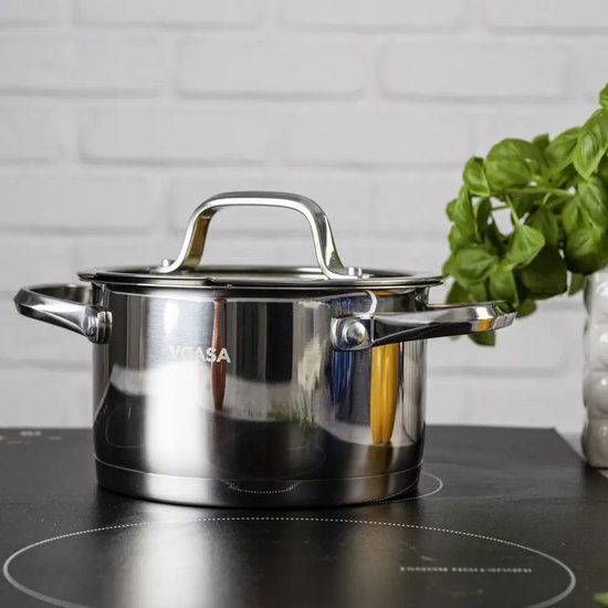 Vcasa kookpan 16 cm met glazen afgietdeksel, 1,8 liter, rvs