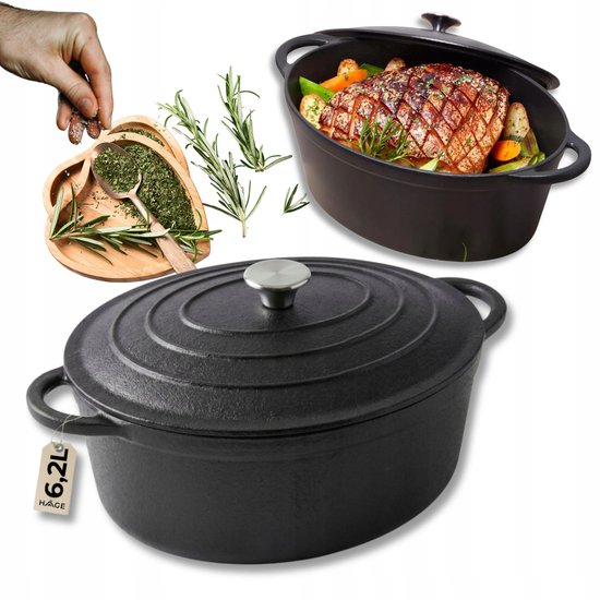Hage - Cocotte - Cocotte en fonte avec couvercle - Pour induction, gaz, four, grill et feu - 6,2 litres - 34 x 25 x 13,5 cm - Noir