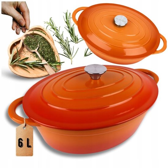 Hage - Cocotte - Cocotte en fonte émaillée avec couvercle - Compatible four et induction - Pour rôtir, mijoter et gratins - 6 litres - 34 x 26 x 18 cm - Orange