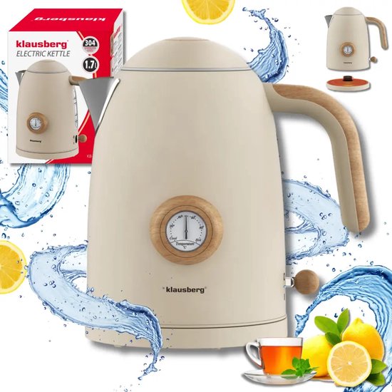 Klausberg retro waterkoker met thermometer – 1,7 l, RVS, beige met houtkleur – foto 6