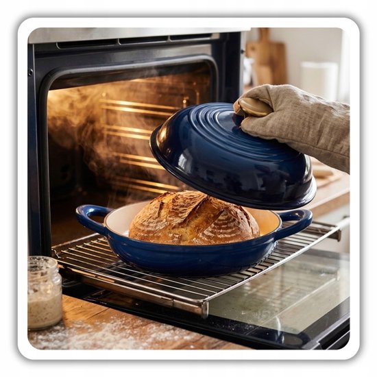 Hage - Bread Baking Pan - Enameled Cast Iron Bread Pan with Lid - For Crusty Bread & Casseroles - Suitable for Induction, Gas & Oven - Includes Pan Holder & Hand Protectors - 2 Liters - Ø26 x 16.5 cm - Blue