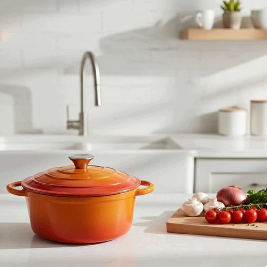 Hage - Gietijzeren Kookpot - Kookpan met Deksel - Geëmailleerde Braad- en Stoofpan - Ovenvast & Geschikt voor Inductie - Gelijkmatige Warmteverdeling - 3 Liters - Ø22 x 13 cm - Oranje