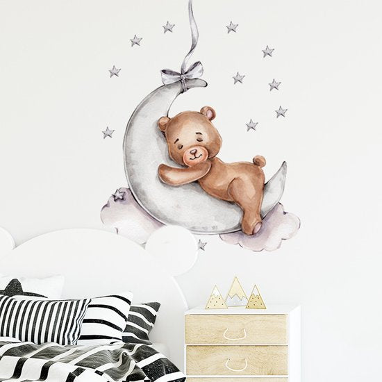 Sipo Sticker mural Ours sur la lune - Décoration murale spatiale adhésive pour chambre d'enfant - 72 x 57 cm - Sticker mural Espace avec étoiles et lune