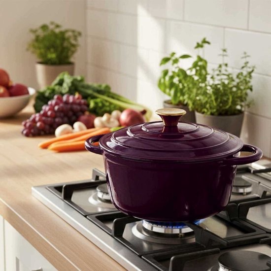 Hage - Cooking Pot - Cast Iron Pot with Lid - Enamelled - Suitable for Induction & Oven - Includes Mini Oven Mitts & Trivet - For Roasting, Stewing, Soup & Bread - 4 Litres - Ø24 cm - Aubergine Purple