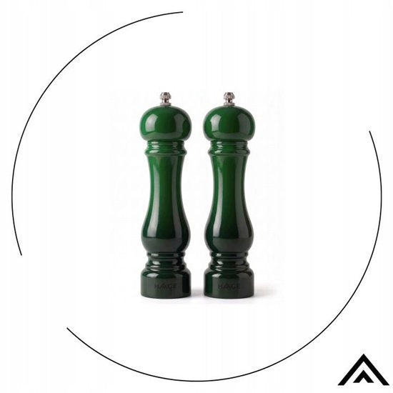 Hage peper- en zoutmolen set – keramisch maalwerk, 22 cm, flesgroen