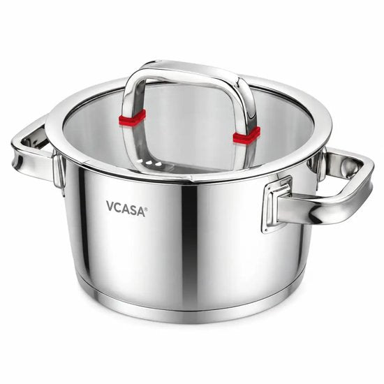 Vcasa rvs kookpan 18 cm met glazen afgietdeksel en maataanduiding, 2 liter