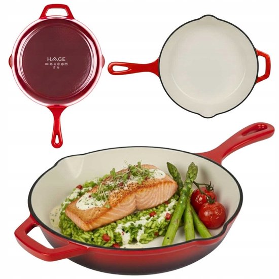 Hage - Frying Pan - Enameled Cast Iron Frying Pan - Cast Iron Frying Pan - Suitable for Induction, Gas & Oven - Ø26 cm - Red