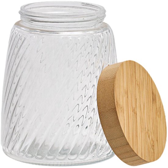 Bocal de conservation Food Essentials Ventura - cuisine - verre strié / bambou - 1,3 litre - couvercle rotatif hermétique - bocaux de conservation - pots de stockage