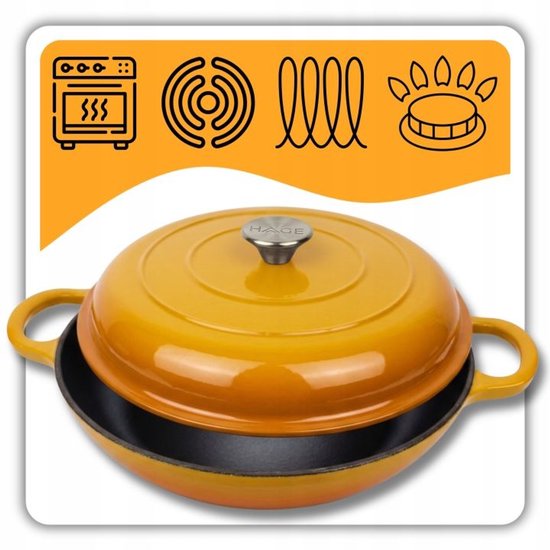 Hage - Braadpan - Lage Gietijzeren Braadpan met Deksel - Geëmailleerd - Oven & Inductie Geschikt - Voor Braden, Stoven en Ovenschotels - 3 Liters - 40,5 x 30 x 10,5 cm - Mosterdgeel
