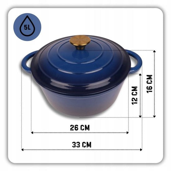 Hage - Dutch Oven - Enameled Cast Iron Dutch Oven - Casserole - Suitable for Induction, Gas & Oven - Includes Trivet & Handle Protectors - 5 Liters - Ø26 x 18 cm - Blue