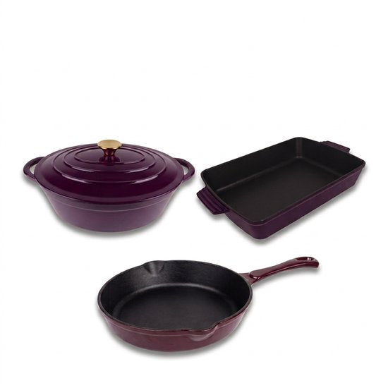 Hage - 3-Piece Cast Iron Oven Set - 6L Roasting Pan with Lid 34 cm & Baking Dish 3.5L 32 x 23.5 cm - Enameled Frying Pan 20 cm - Induction, Gas & Oven - For Roasting, Baking & Casseroles - Aubergine