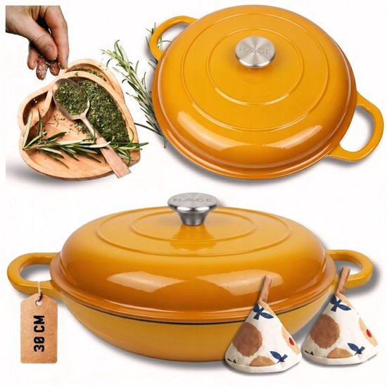 Hage - Braadpan - Lage Gietijzeren Braadpan met Deksel - Geëmailleerd - Oven & Inductie Geschikt - Voor Braden, Stoven en Ovenschotels - 3 Liters - 40,5 x 30 x 10,5 cm - Mosterdgeel