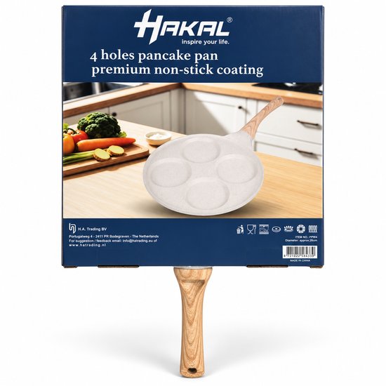 Poêle à pancakes Hakal avec 4 compartiments – Ø 26 cm – Revêtement antiadhésif – Poêle à pancakes et œufs – Manche aspect bois – Crème