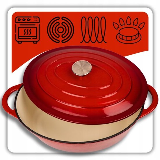 Hage - Cocotte - Cocotte en fonte émaillée avec couvercle - Compatible four et induction - Pour rôtir, mijoter et gratiner - 6 litres - 34 x 26 x 18 cm - Rouge