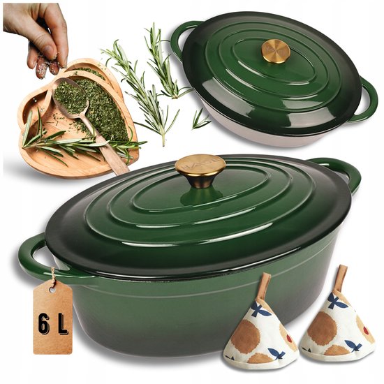 Hage - Cocotte en fonte - Sauteuse en fonte émaillée avec couvercle - Pour rôtir, mijoter & gratins - Convient pour induction, gaz & four - Inclut manique & protège-mains - 6 litres - 34 x 26 x 18 cm - Vert bouteille
