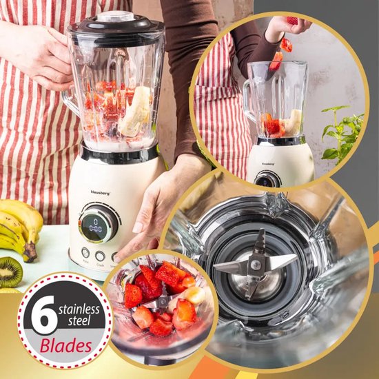 Klausberg glazen blender met ijscrusher – smoothie maker 1,5 L, 600 W, crème – foto 2