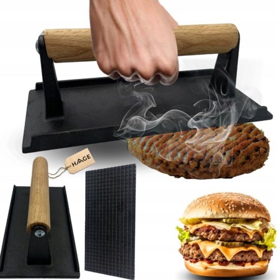 Hage hamburgerpers van gietijzer – smash burger press, houten greep, 20 x 10 cm – foto 5