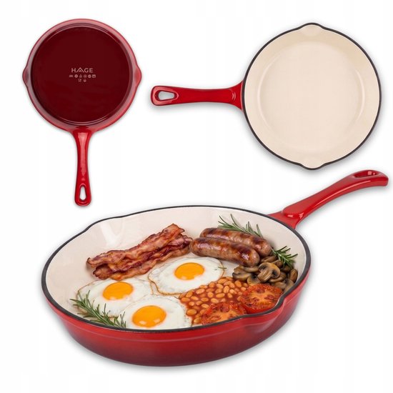 Hage - Koekenpan - Geëmailleerde Gietijzeren Koekenpan - Cast Iron Frying Pan - Geschikt voor Inductie, Gas & Oven - Ø20 x 4,5 cm - Rood